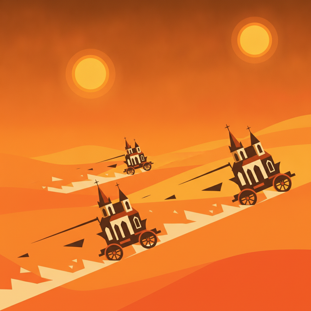 Geometric chariots race across dunes of layered orange vector shapes under twin suns.