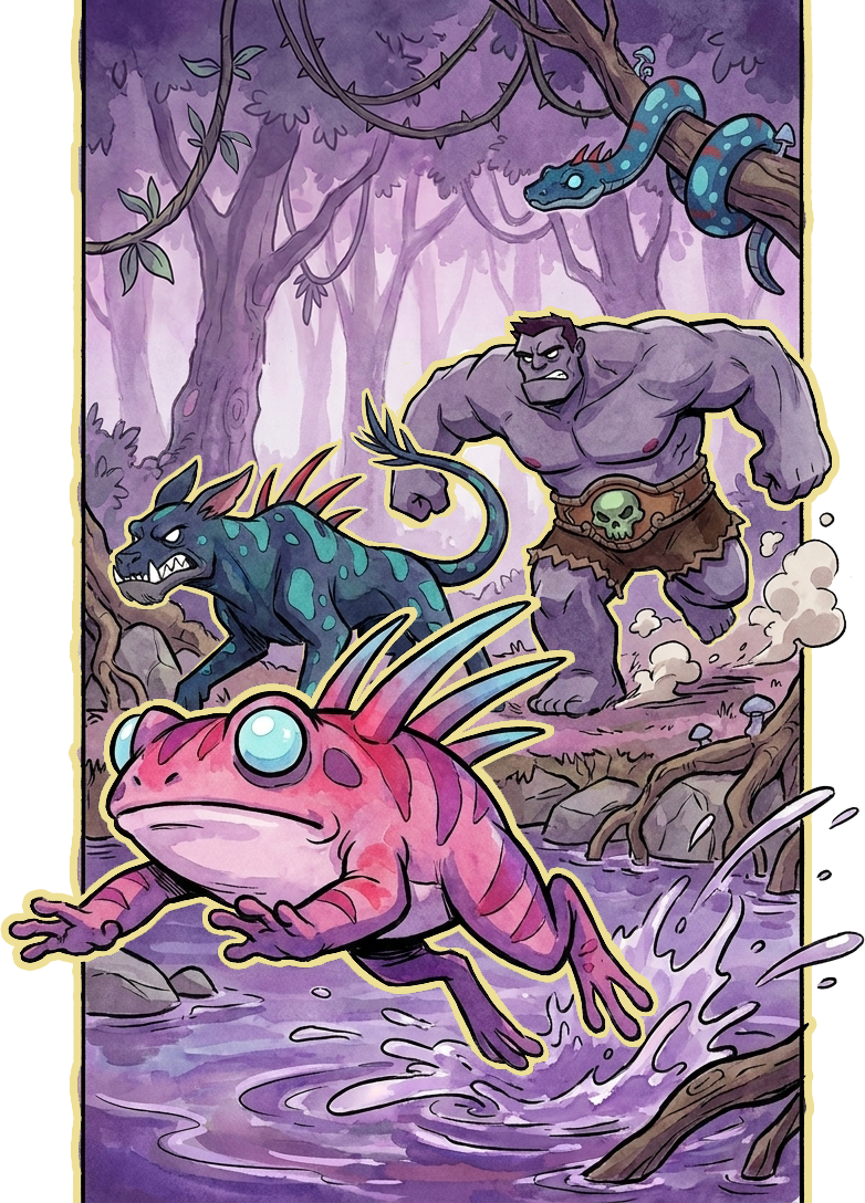 A pink egregore creature sprints through a purple mangrove swamp, chased by a hound and a stone golem.