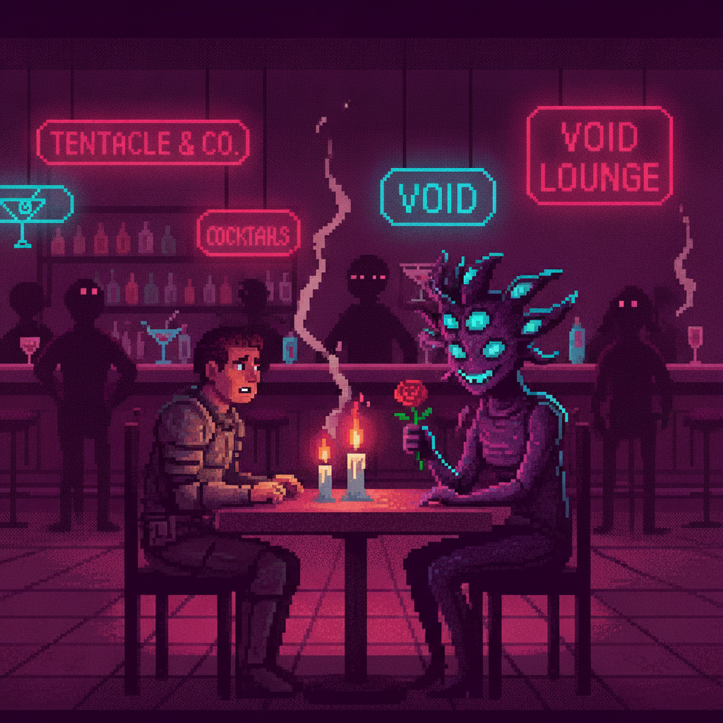 Pixel-art lounge where a nervous adventurer shares a candlelit table with a many-eyed creature holding a rose.
